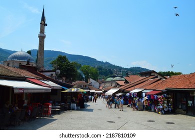 SARAJEVO, BOSNIA AND HERZEGOVINA - JULY 24TH, 2022: Sarajevo's Old Bazaar at Bascarsija Square