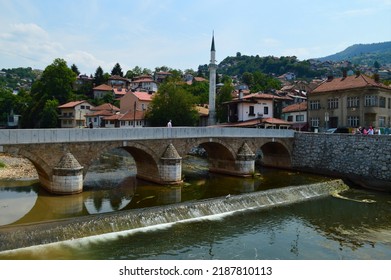 SARAJEVO, BOSNIA AND HERZEGOVINA - JULY 24TH, 2022: Seher Cehaja Bridge and Sarajevo Landscape