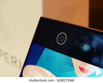 Sarajevo, Bosnia And Herzegovina - June 18 2018: Macro Shot Of An Sony Xperia Smartphone Top Bezel Area, With Selfie Camera As Central Focal Point.