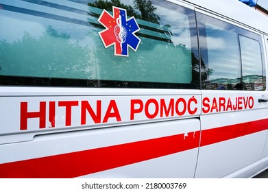 Sarajevo, Bosnia and Herzegovina, June 2022: Ambulance car in city. Ambulance sign on a car. Lettering: "Ambulance, Sarajevo"