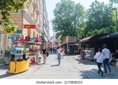 Sarajevo, Bosnia and Herzegovina - June 3, 2022: Walking street in old town of Sarajevo. Tourist destination in capital of Bosnia and Herzegovina.