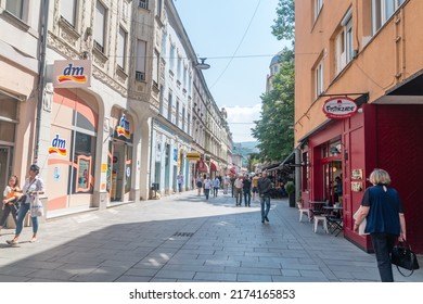 Sarajevo, Bosnia and Herzegovina - June 3, 2022: Ferhadija pedestrian street in old town of Sarajevo.