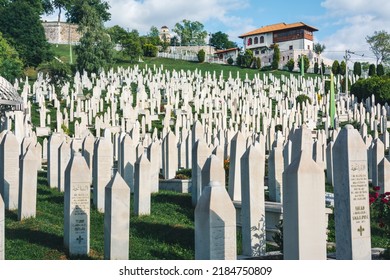 SARAJEVO, BOSNIA AND HERZEGOVINA - September 23, 2021: Muslim cemetery of Kovaci dedicated to the victims of the Bosnian war, in Sarajevo, Bosnia and Herzegovina.