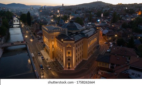 Sarajevo city hall Vijećnica at night aerial view