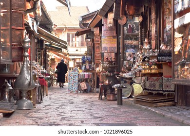 Sarajevo, Europe, 09.02.2018. Old City Center Historical Part With Small Antique Shops
