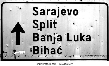 Sarajevo Street Sign War Shot Gun