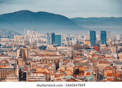 Sarajevo's enchanting cityscape, nestled amidst rolling hills, captures the essence of Bosnia's historic capital. - Powered by Shutterstock