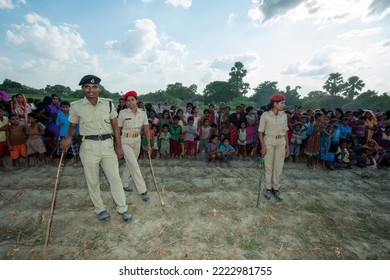 Saran, Bihar, India-Sep 15 2015: Women Home Guard Police Securing Political Rally At Saran District Bihar During Assembly Election.