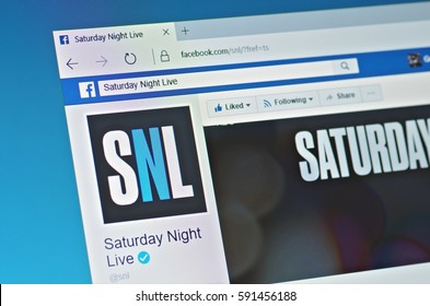 SARANSK, RUSSIA - FEBRUARY 15, 2017: A computer screen shows details of Saturday Night Live page on Facebook web site. Selective focus.