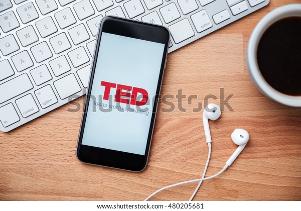 SARANSK, RUSSIA - JANUARY 07, 2016: A phone\
screen shows details of TED app main\
page