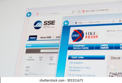 SARANSK, RUSSIA - JULY 29, 2015: A computer screen shows details of Shanghai and Hong Kong Stock Exchange main pages on its web sites.