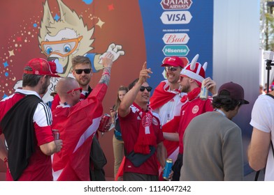 SARANSK, RUSSIA - JUNE 16, 2018: Peruvian And Danish Football Fans Before The Football Match Between Their Teams.