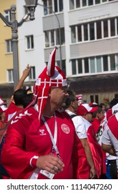 SARANSK, RUSSIA - JUNE 16, 2018: Danish Football Fan Before Football Match Between Peru Vs. Denmark.