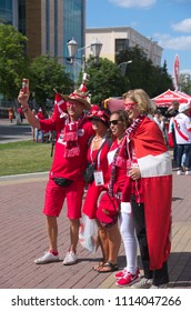 SARANSK, RUSSIA - JUNE 16, 2018: Peruvian And Danish Football Fans Before The Football Match Between Their Teams.