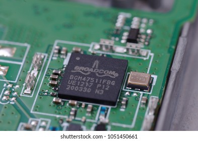SARANSK, RUSSIA - MARCH 18, 2018: Broadcom chip on circuit board.