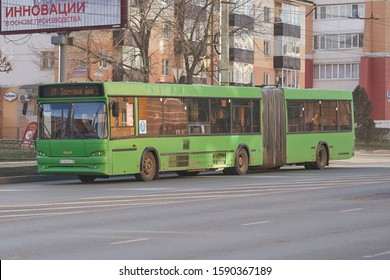 Saransk, Russia - November 24, 2019: Articulated Low Floor Bus MAZ-215 On City Road.