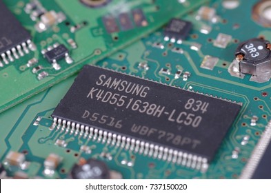 SARANSK, RUSSIA - OCTOBER 06, 2017: Samsung chip on circuit board.
