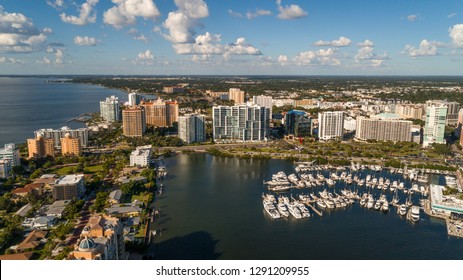 Sarasota, FL / USA - 10/15/18: Birds Eye Drone Shot Of The Bay Over Beautiful Downtown Sarasota, FL.