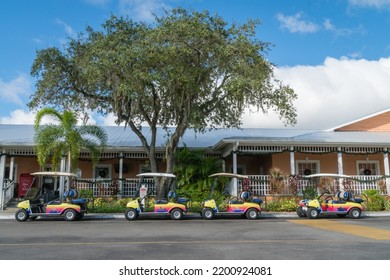 Sarasota, FL, US-November 23, 2020: Colorful Golf Carts Parked At RV Resort.