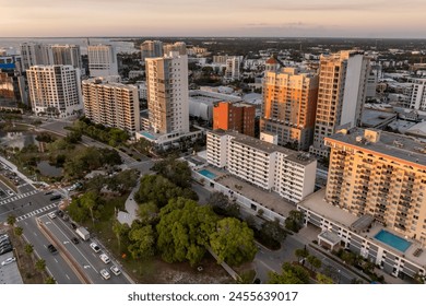 Sarasota, Florida city downtown at sunset with expensive waterfront high-rise buildings. Urban travel destination in the USA - Powered by Shutterstock