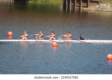 Sarasota, Florida United States - April 15 2022: University Of Michigan Rowing Crew Team Big 10 Ten Invitational Competition At Nathan Benderson Park Varsity 4 Person Row Boat Womens Big Ten Rowing