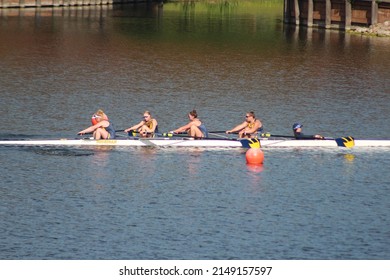 Sarasota, Florida United States - April 15 2022: University Of Michigan Rowing Crew Team Big 10 Ten Invitational Competition At Nathan Benderson Park Varsity 4 Person Row Boat Womens Big Ten Rowing