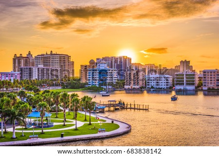 Sarasota, Florida, USA downtown skyline on the bay at sunrise.