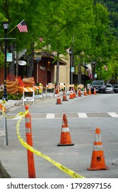 Saratoga, California, USA. ‎June ‎15, ‎2020. Sidewalk Upgrades Being Made In A Downtown District In Hopes Of Making A Better Experience While Walking, Shopping And Dining Out.