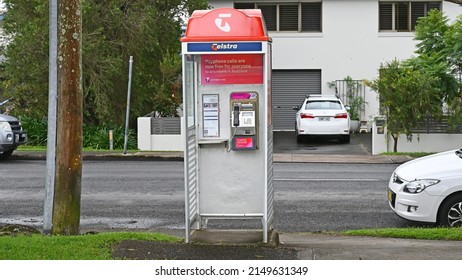 Saratoga, New South Wales Australia – April 04, 2022 Telstra phone box at the Saratoga shops