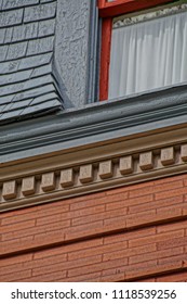 Saratoga Springs, New York/USA- June 22, 2018: A Vertical High Definition Closeup Image Of The Colorful Ornate Tower Of A Historic Iconic Queen Anne Victorian Mansion Turned Into A Hotel. 