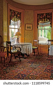 Saratoga Springs, New York/USA- June 22, 2018: A Vertical High Definition  Image Of The Parlor In A Historic Iconic Queen Anne Victorian Mansion Turned Into A Hotel.   