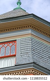 Saratoga Springs, New York/USA- June 22, 2018: A Vertical High Definition Closeup Image Of The Colorful Ornate Tower Of A Historic Iconic Queen Anne Victorian Mansion Turned Into A Hotel.            