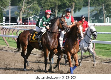 SARATOGA SPRINGS, NY- AUGUST 1:  Roman Dominquez Aboard Carribean Sunset (IRE) In The Post Parade Before The 71st Diana Stakes At Saratoga Race Track,  August 1, 2009 In Saratoga Springs, NY.