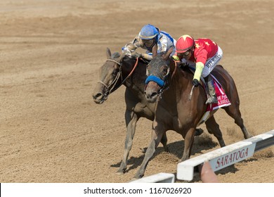 Saratoga Springs, NY, USA - August 25, 2018: Abel Tasman And Elate Battle Down The Stretch In The Personal Ensign Stakes On Travers Day August 25, 2018 Saratoga Springs, NY, USA 