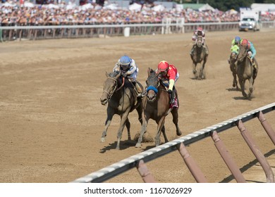 Saratoga Springs, NY, USA - August 25, 2018: Abel Tasman And Elate Battle Down The Stretch In The Personal Ensign Stakes On Travers Day August 25, 2018 Saratoga Springs, NY, USA 