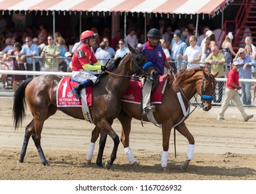 Saratoga Springs, NY, USA - August 25, 2018: Abel Tasman Ridden By Mike E. Smith In The Post Parade For The Personal Ensign Stakes On Travers Day August 25, 2018 Saratoga Springs, NY, USA 