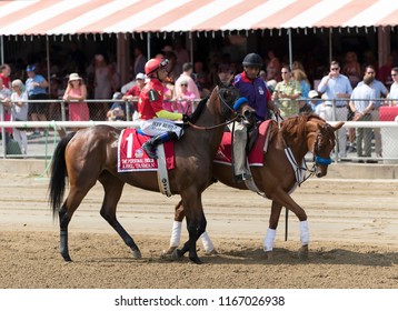 Saratoga Springs, NY, USA - August 25, 2018: Abel Tasman Ridden By Mike E. Smith In The Post Parade For The Personal Ensign Stakes On Travers Day August 25, 2018 Saratoga Springs, NY, USA 