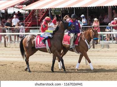 Saratoga Springs, NY, USA - August 25, 2018: Abel Tasman Ridden By Mike E. Smith In The Post Parade For The Personal Ensign Stakes On Travers Day August 25, 2018 Saratoga Springs, NY, USA 