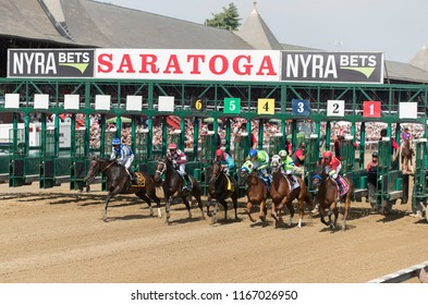 Saratoga Springs, NY, USA - August 25, 2018: The Start Of The Mile And 1/8 Personal Ensign Stakes On Travers Day August 25, 2018 Saratoga Springs, NY, USA 