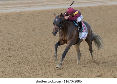 Saratoga Springs, NY, USA - August 25, 2018: Catholic Boy Ridden By Javier Castellano Wins  The 1.25 Million $ Travers Stakes On Travers Day August 25, 2018 Saratoga Springs, NY, USA 