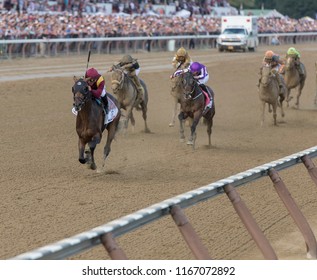 Saratoga Springs, NY, USA - August 25, 2018: Catholic Boy Ridden By Javier Castellano In The Stretch Run Of The 1.25 Million $ Travers Stakes On Travers Day August 25, 2018 Saratoga Springs, NY, USA 