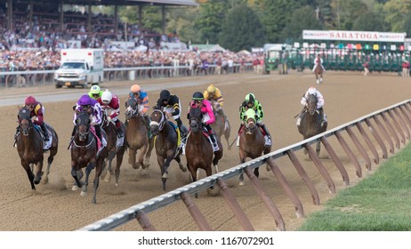 Saratoga Springs, NY, USA - August 25, 2018: The Field The First Time Around In The 1.25 Million $ Travers Stakes On Travers Day August 25, 2018 Saratoga Springs, NY, USA 