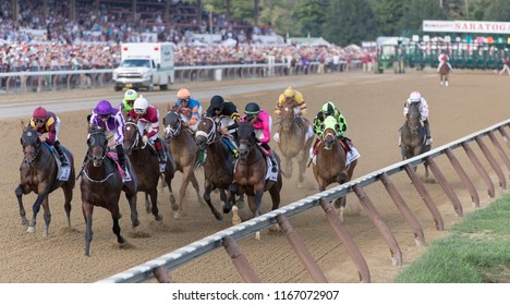 Saratoga Springs, NY, USA - August 25, 2018: The Field The First Time Around In The 1.25 Million $ Travers Stakes On Travers Day August 25, 2018 Saratoga Springs, NY, USA 