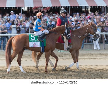 Saratoga Springs, NY, USA - August 25, 2018: Vino Rosso Ridden By J. R. Velazquez In The Post Parade Of The 1.25 Million $ Travers Stakes On Travers Day August 25, 2018 Saratoga Springs, NY, USA 