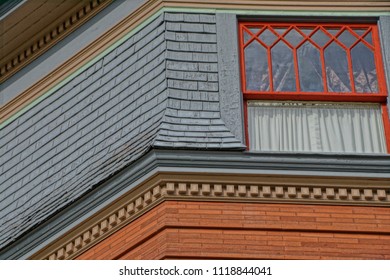 Saratoga Springs, NY/USA- June 22, 2018: A Horizontal High Definition Closeup Image Of The Colorful Ornate Tower Of A Historic Iconic Queen Anne Victorian Mansion Turned Into A Hotel.            