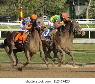 SARATOGA SPRINGS - SEPT 1: Jockeys Javier Castellano And Ramon Dominguez Compete In The Grade I Forego Stakes At Saratoga Race Course On September 1, 2012 In Saratoga Springs, NY.