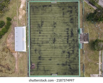 Sarawak, MALAYSIA - 02 October 2021: an aerial view of a outdoor green hockey pitch at the community park. It is a playing surface for the game of field hockey.