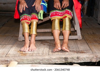 Sarawak, Malaysia – October 21, 2021: The Photo Showing Native Women Or 'ring Ladies' Of Sarawak. This Indigenous Ladies Wearing The Yellow Copper Rings Since They Were Young.