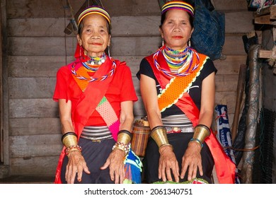 Sarawak, Malaysia – October 21, 2021: The Photo Showing Native Women Or 'ring Ladies' Of Sarawak. This Indigenous Ladies Wearing The Yellow Copper Rings Since They Were Young.