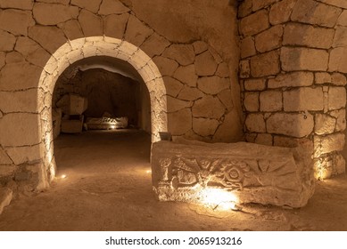 Sarcophagus of the Nikes in the Cave of the coffins at Bet She'arim in Kiryat Tivon, Israel catacombs with sarcophagi

